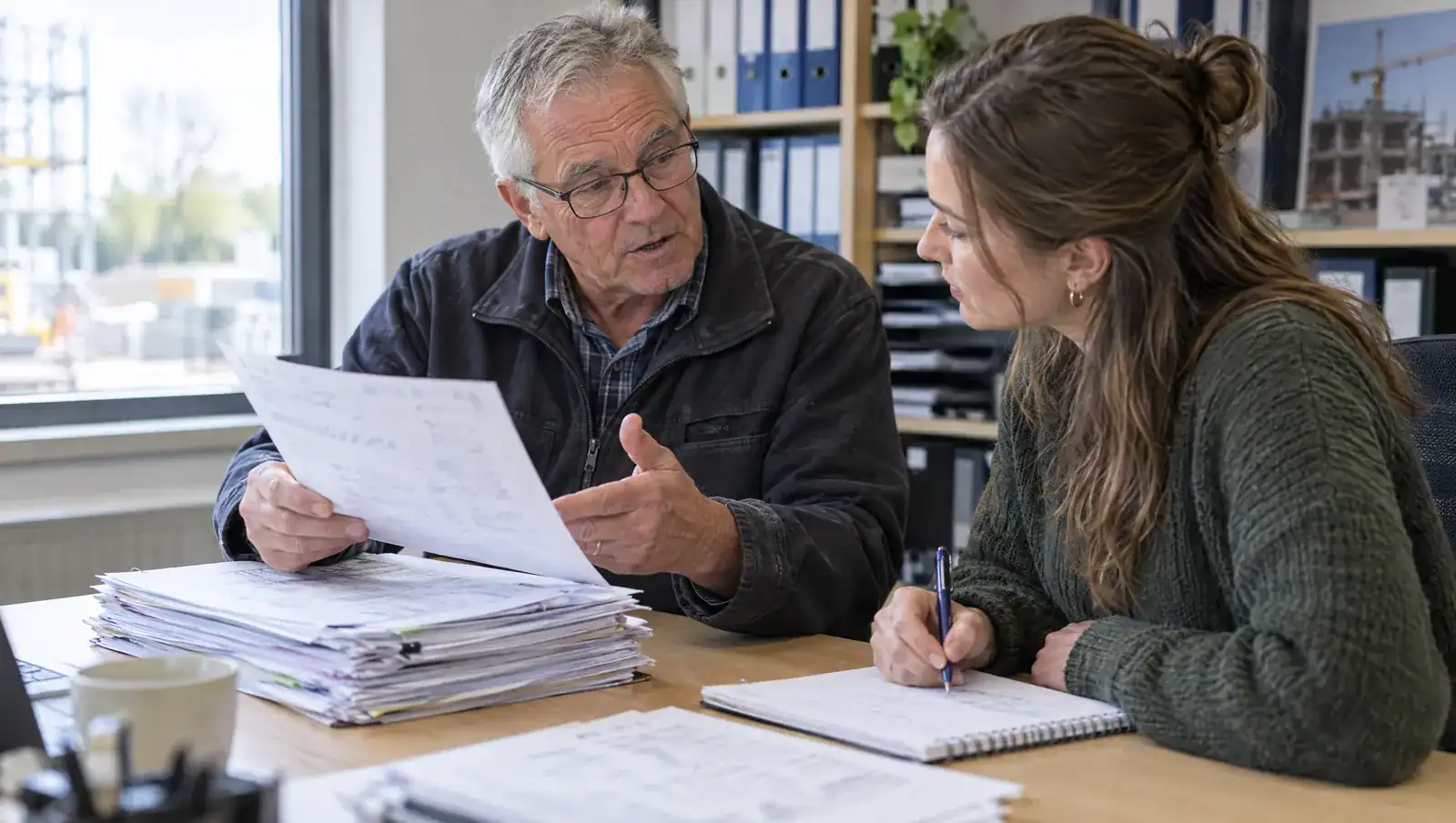 Een ervaren collega legt aan een jongere collega uit hoe hij de werkbonnen verwerkt