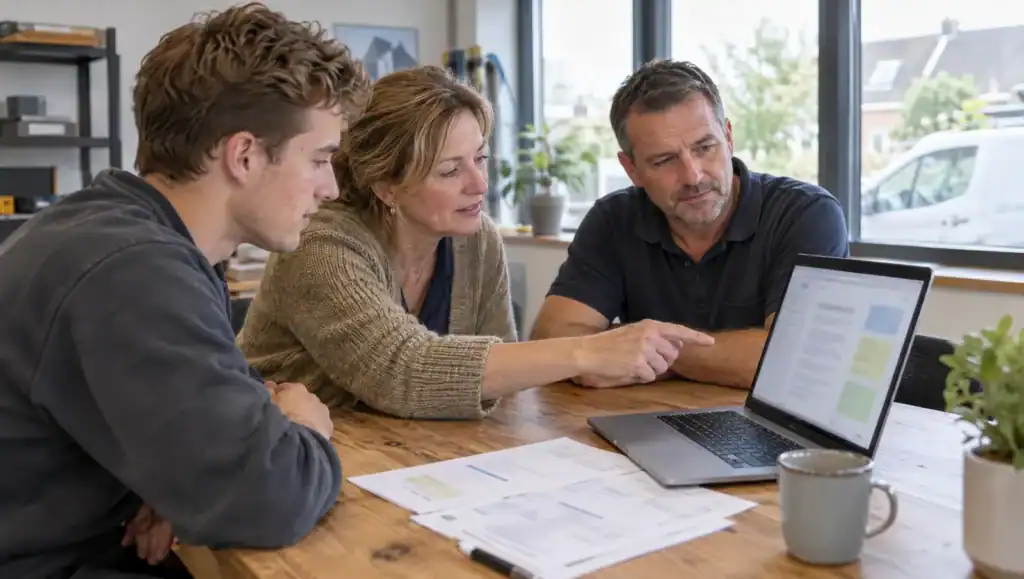 Drie collega's van een installatiebedrijf bekijken samen op een laptop wat er uit een factuur is gehaald